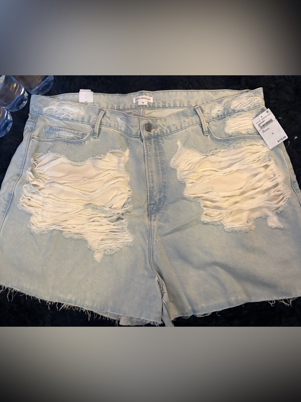 Good American Light Wash Distressed Jean Shorts with Cream Underlay - Picture 3 of 4